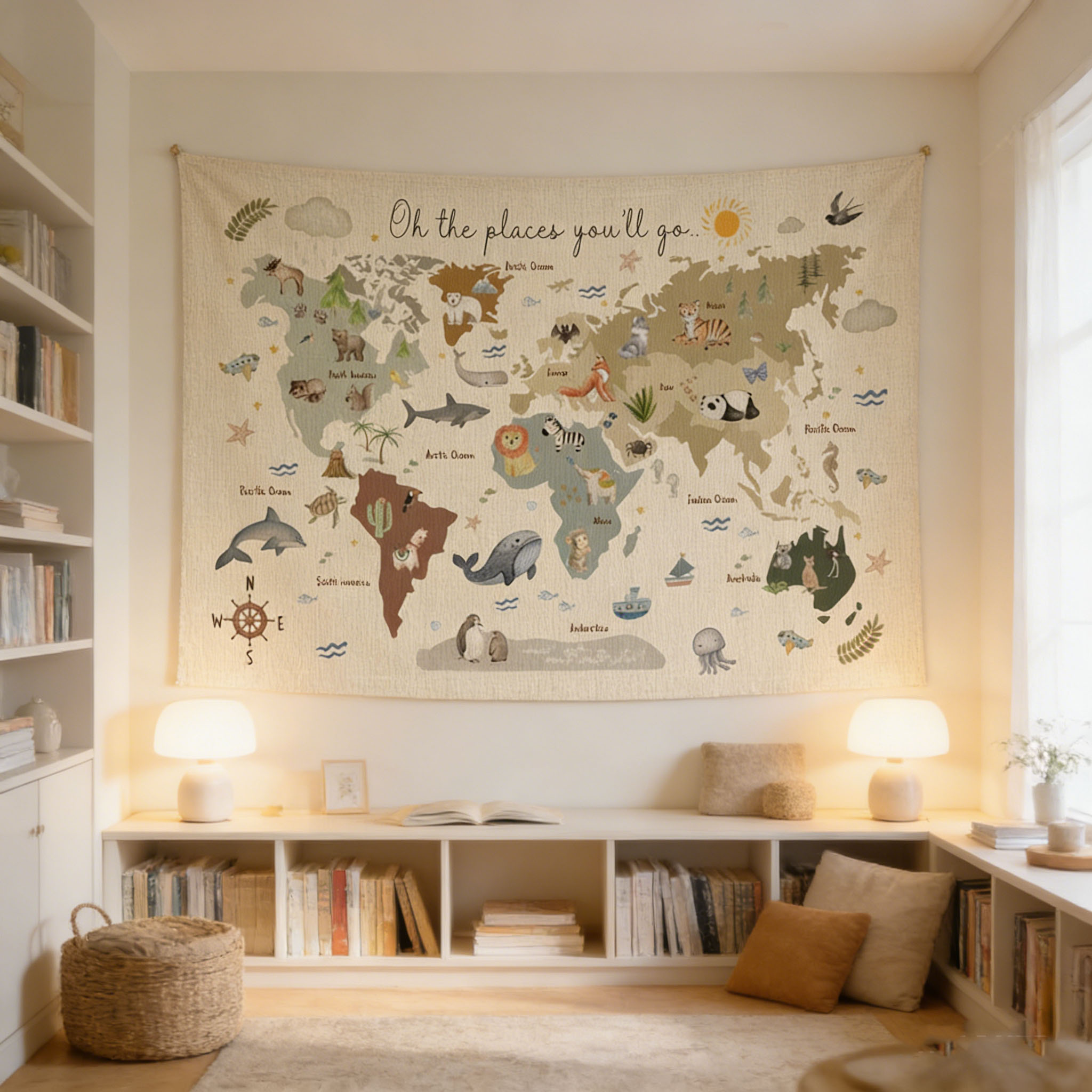 Kids Education Banner - Tapeçaria de Mapa Mundial de Animais